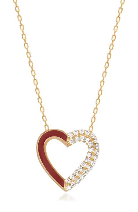 14K Gold Vermeil CZ Pave Enamel Heart Pendant Necklace