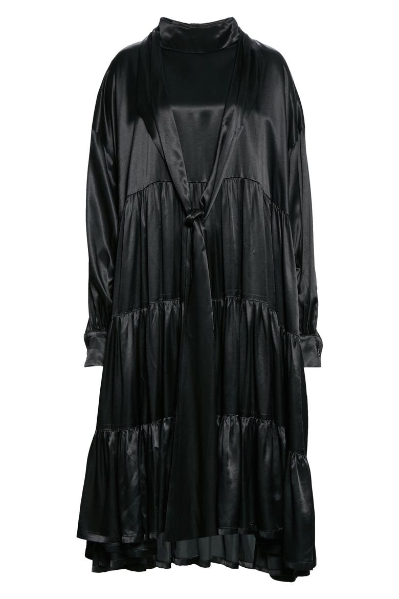Long Sleeve Tiered Ruffle Jacquard Dress, Alternate, color, BLACK
