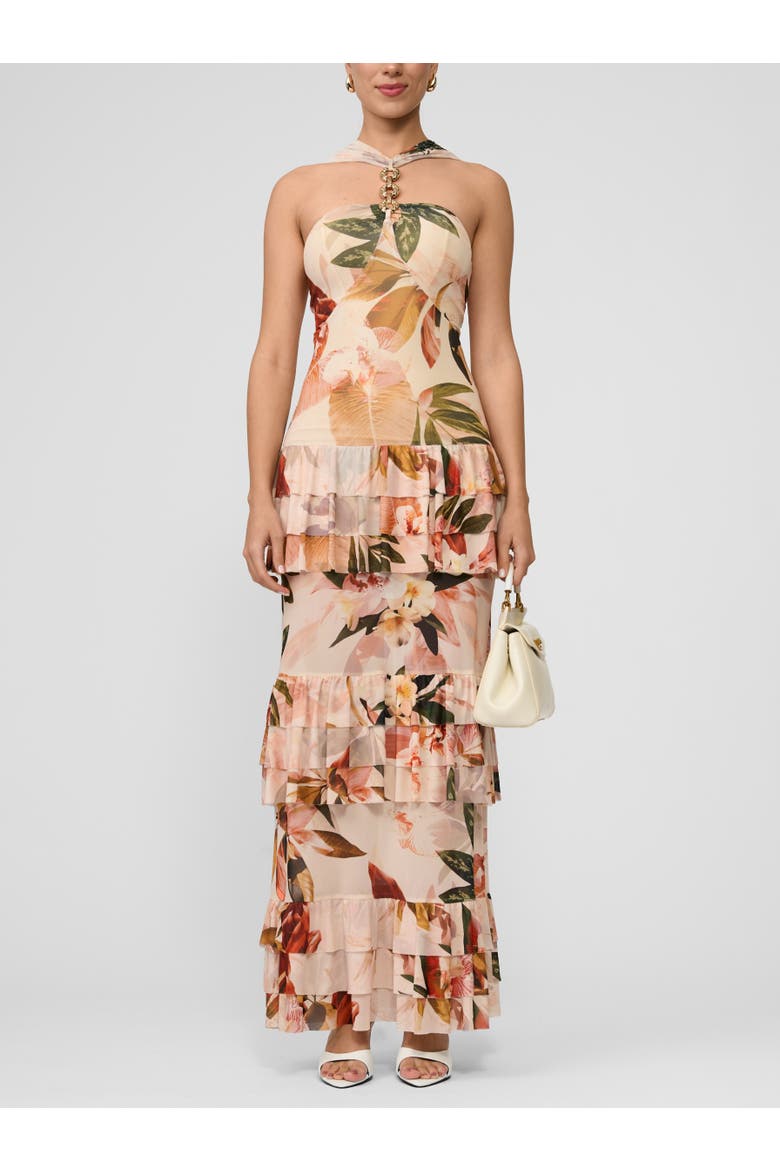 Solana Mesh Tiered Long Dress, Main, color, Ivory Floral