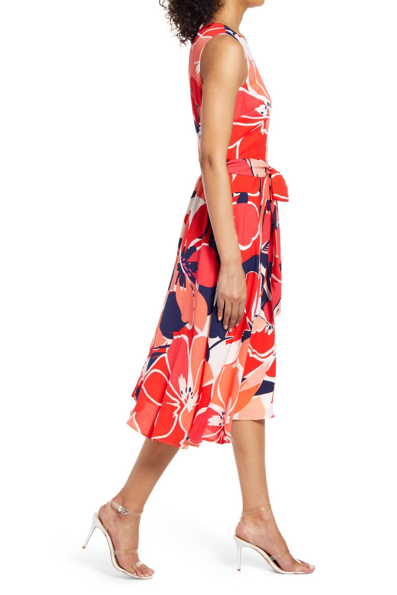 Floral Belted Fit & Flare Midi Dress, Alternate, color, RED MULTI