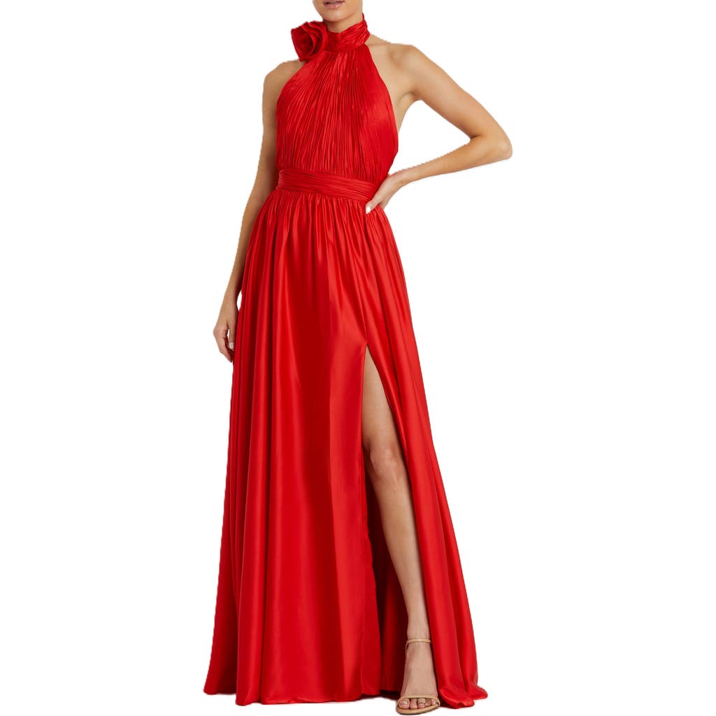 Mac Duggal Rosette Halter Chiffon Evening Gown In Cherry