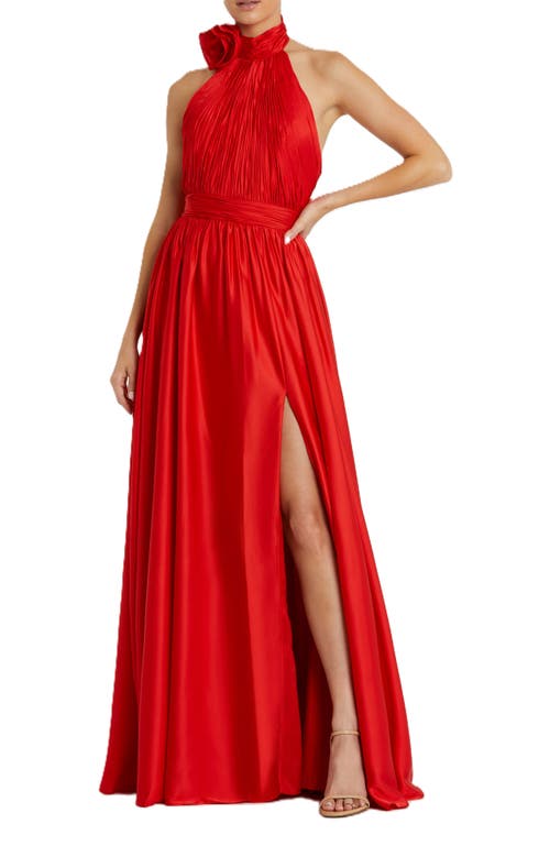 Mac Duggal Rosette Halter Chiffon Evening Gown In Cherry