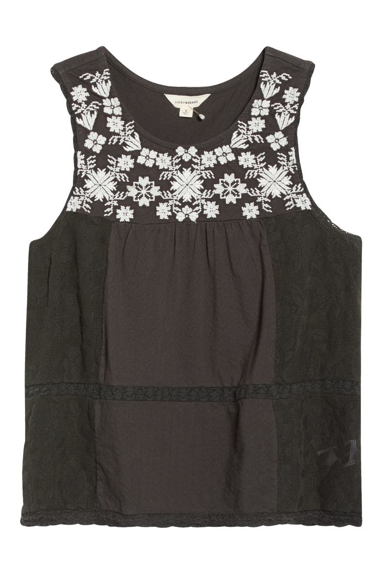 Embroidered Yoke Cotton Tank, Alternate, color, RAVEN