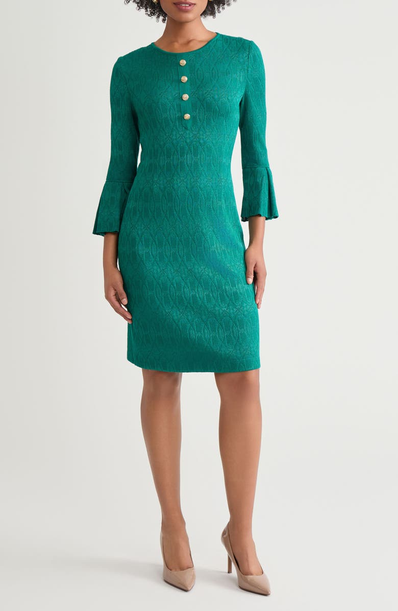 Ming Wang Tonal Multistitch Bell Sleeve Sheath Dress, Main, color, Everest