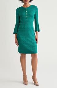 Ming Wang Tonal Multistitch Bell Sleeve Sheath Dress