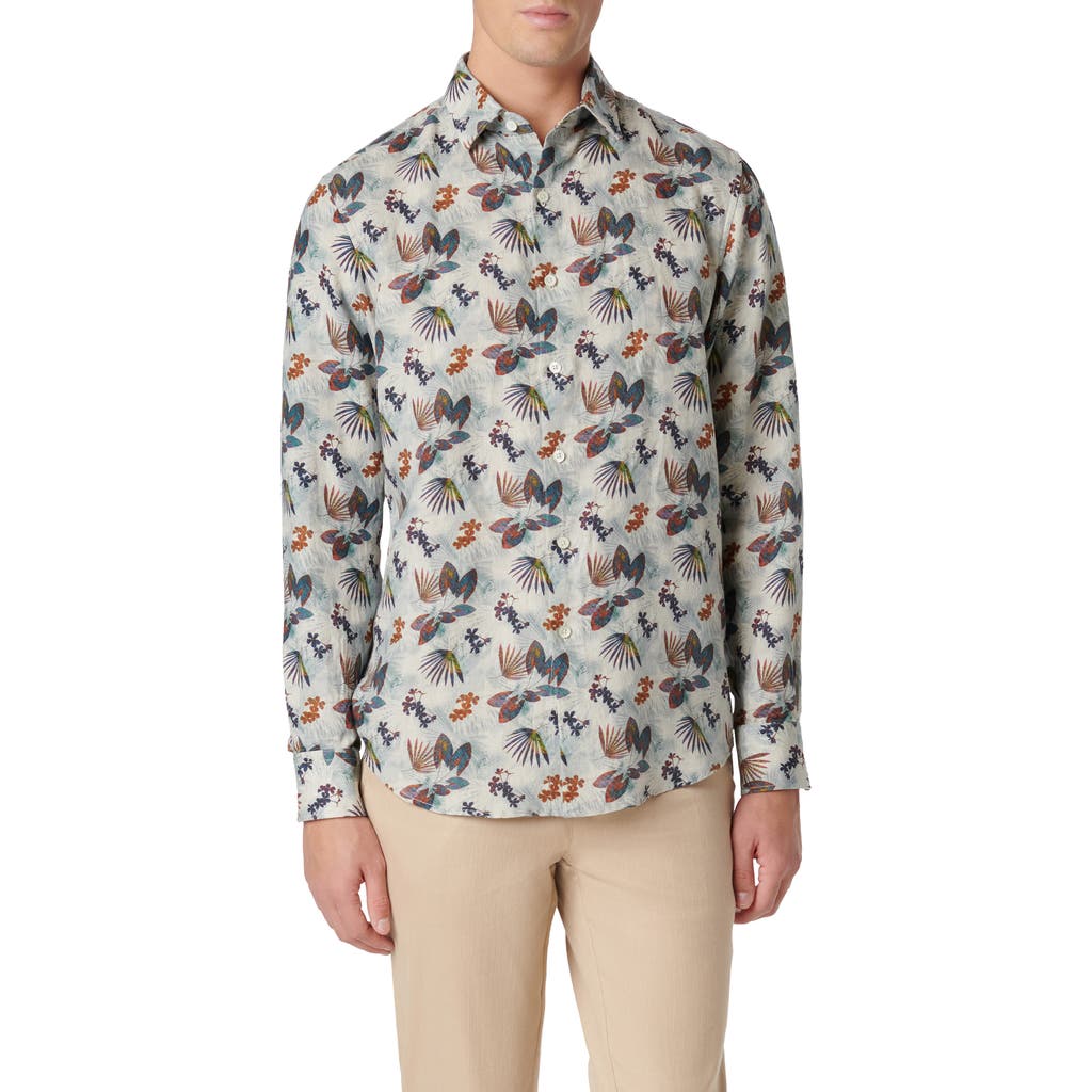 Bugatchi Julian Shaped Fit Frond Print Linen Button-up Shirt In Jade