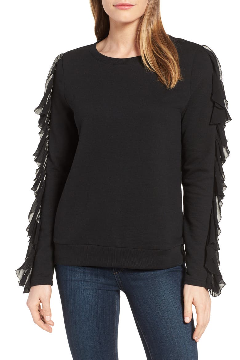 Ruffle Trim Sweatshirt, Main, color, BLACK