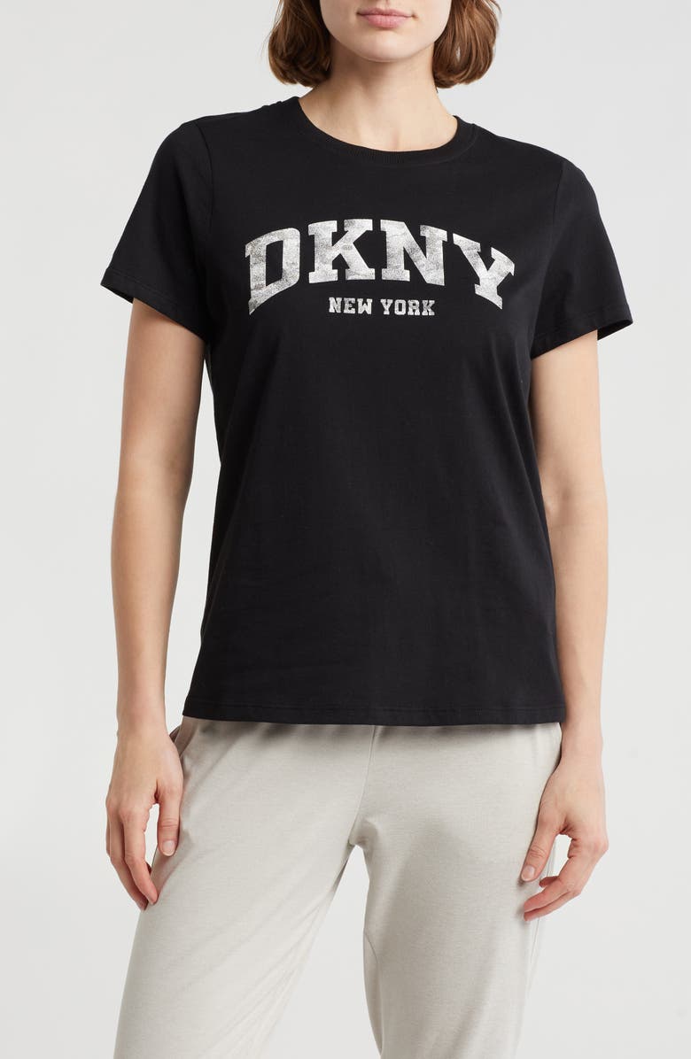 DKNY Varsity Camo Sparkle Logo T-Shirt, Main, color, Black