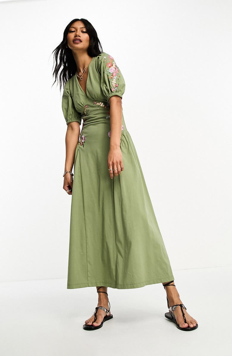 ASOS DESIGN Embroidered Puff Sleeve Cotton Midi Dress, Main, color, 