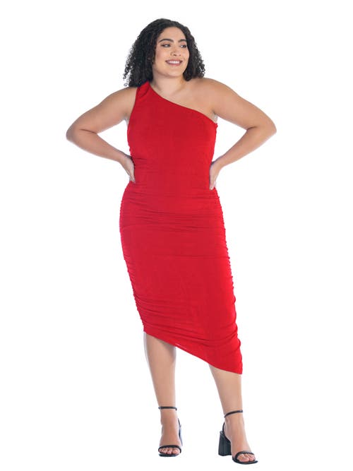 24seven Comfort Apparel One Shoulder Ruched Bodycon Dress In Red