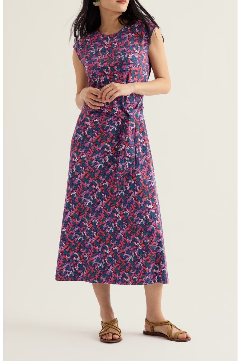 Fettling Floral Tie Waist Jersey Midi Dress, Main, color, SUMMER FRONDS PURPLE KALE