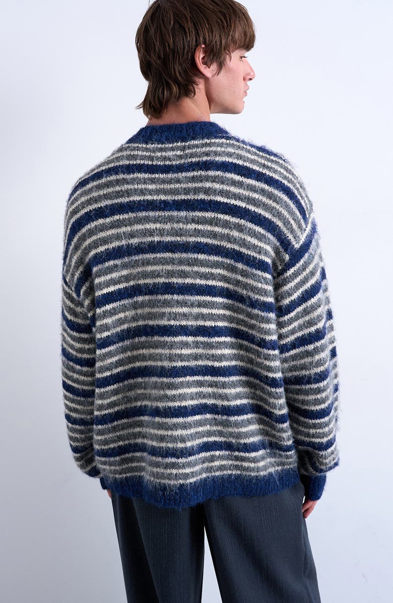 Topman Stripe Fluffy Crewneck Cardigan, Alternate, color, Medium Blue