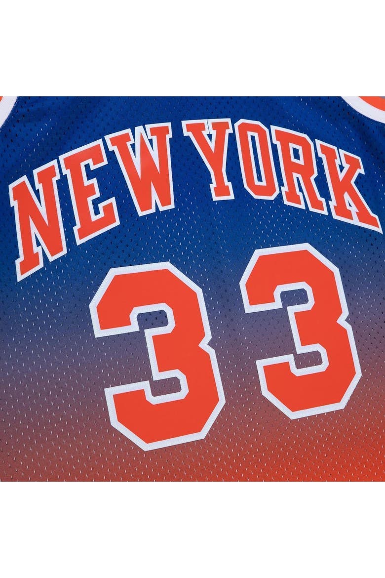 Men's Mitchell & Ness Patrick Ewing Orange/Royal New York Knicks 1991/92 Hardwood Classics Fadeaway Swingman Player Jersey, Alternate, color, Orange