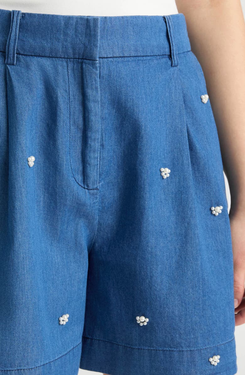 NVLT Faux Pearl Beaded Denim Shorts, Alternate, color, Denim Blue