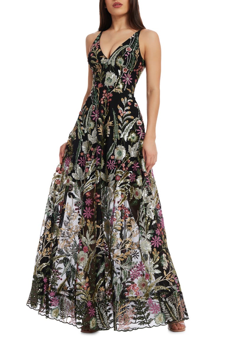 Ariyah Floral Sequin A-Line Gown, Main, color, BLACK MULTI