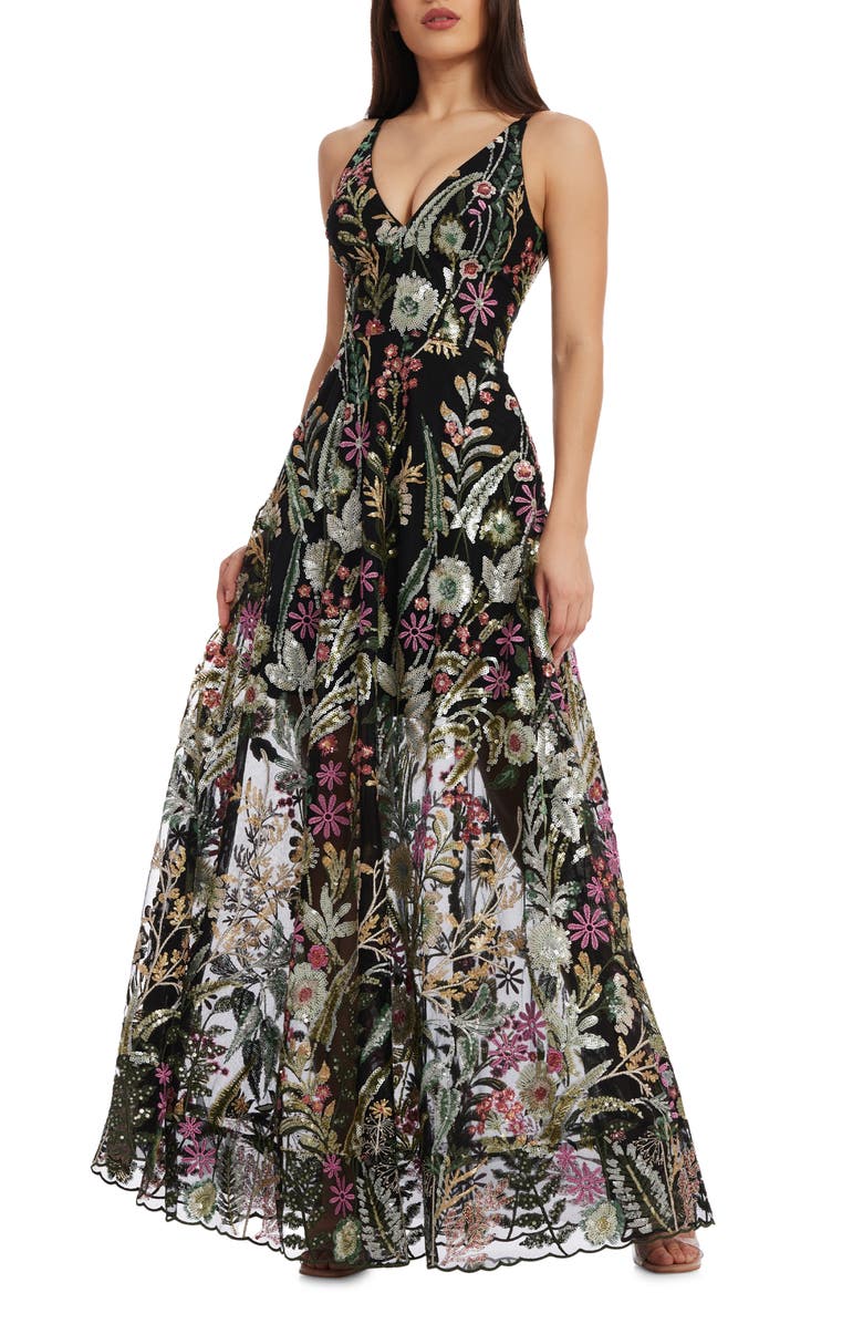 Dress the Population Ariyah Floral Sequin A-Line Gown, Main, color, Black Multi