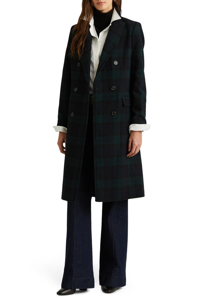 Double Breasted Wool Blend Reefer Coat, Main, color, BLACK WATCH