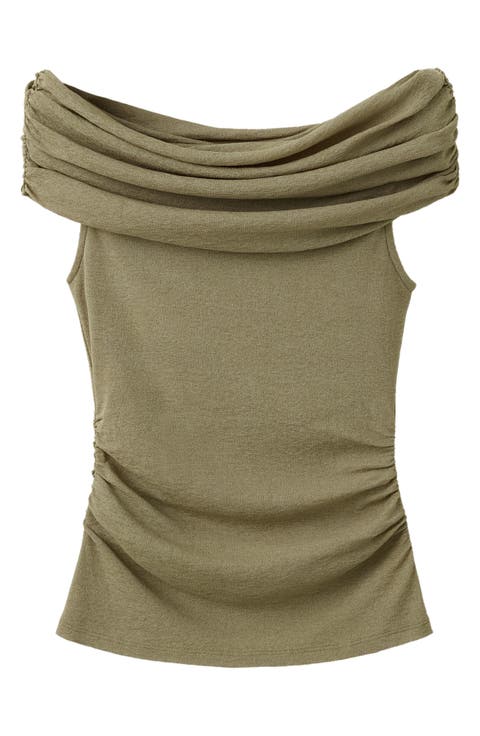 Ruched Boat Neck Sleeveless Top