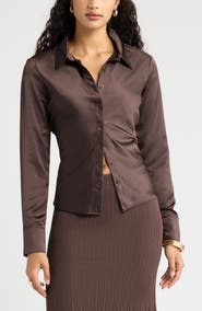 Open Edit Fitted Satin Button-Up Shirt
