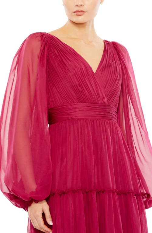 Mac Duggal Tiered Ruffle Long Sleeve Organza Gown In Berry