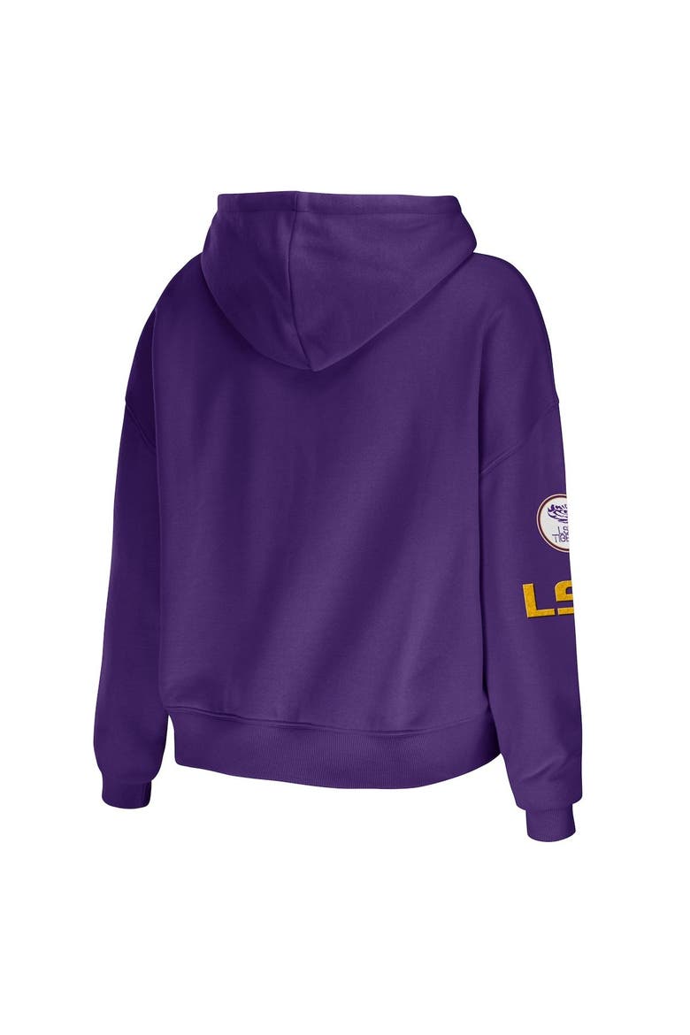 Women's WEAR by Erin Andrews Purple LSU Tigers Mixed Media Cropped Pullover Hoodie, Alternate, color, Purple