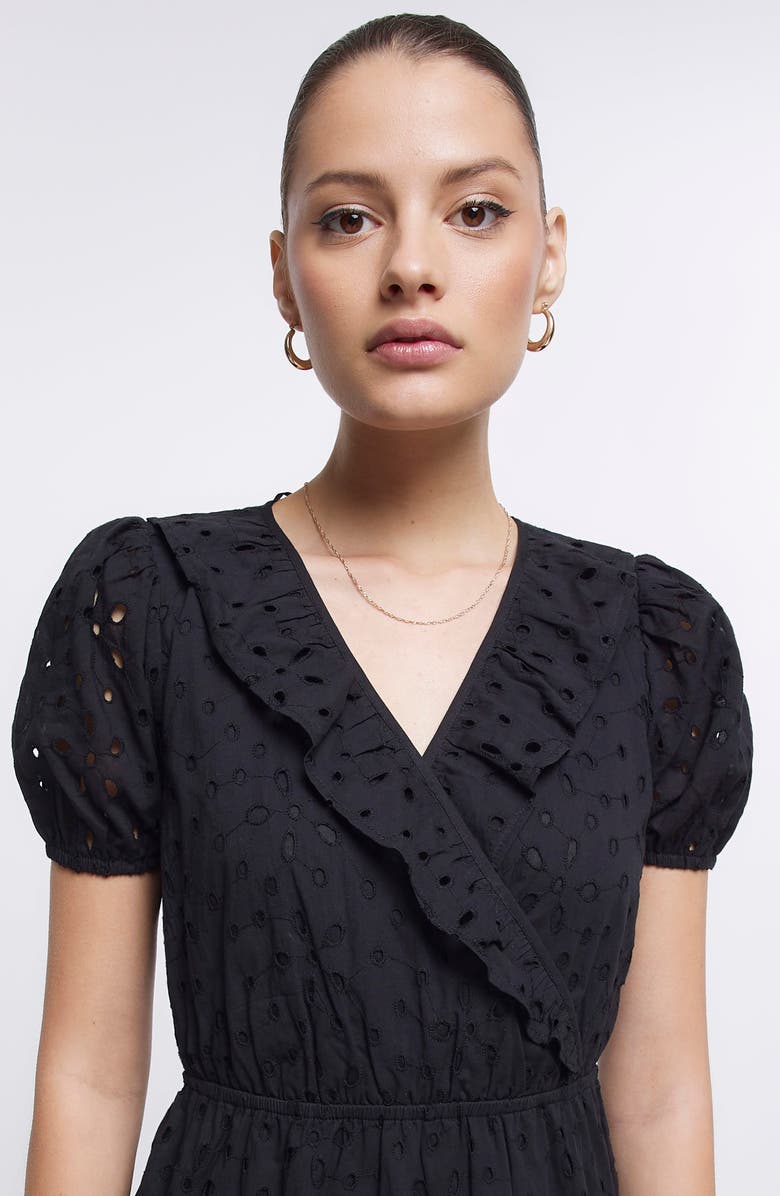River Island Short Sleeve Faux Wrap Broderie Anglaise Cotton Dress, Alternate, color, 