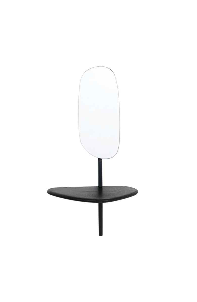 Storied Home 15 Inches Mango Wood and Metal Organic Shaped Wall Mirror with Shelf, Main, color, Black