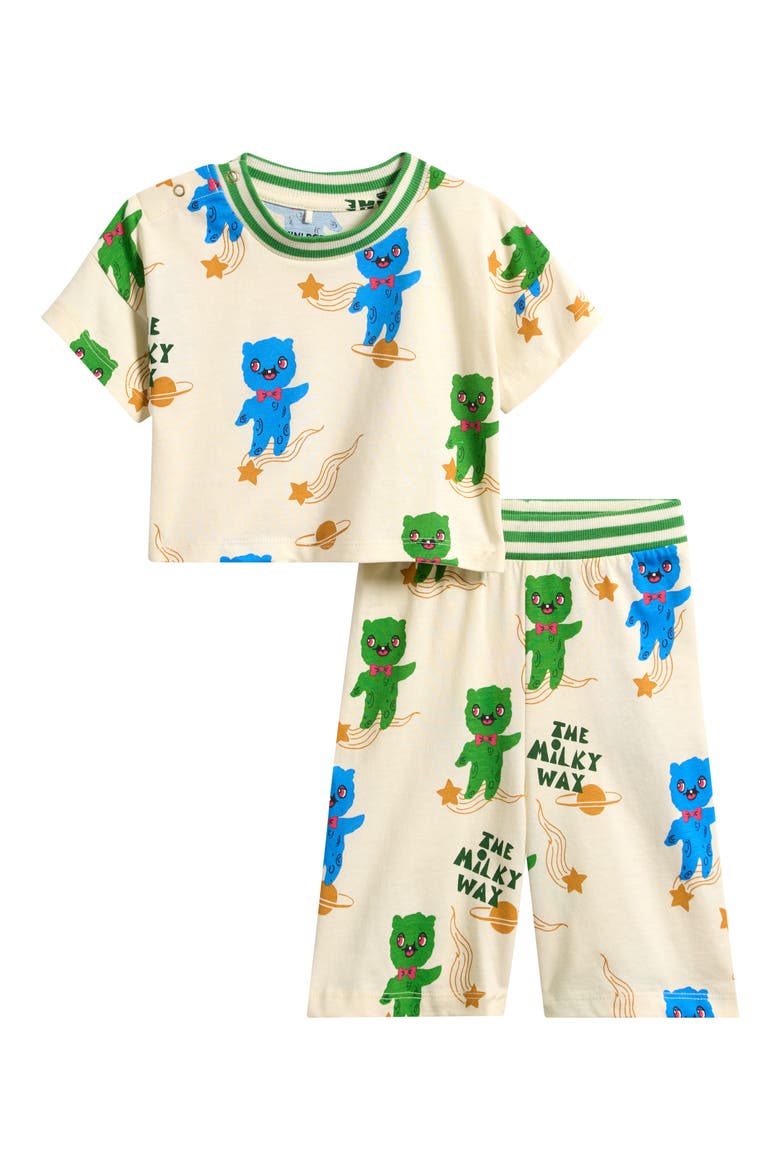 Aliens Print Organic Cotton T-Shirt & Pants Set, Main, color, OFF-WHITE