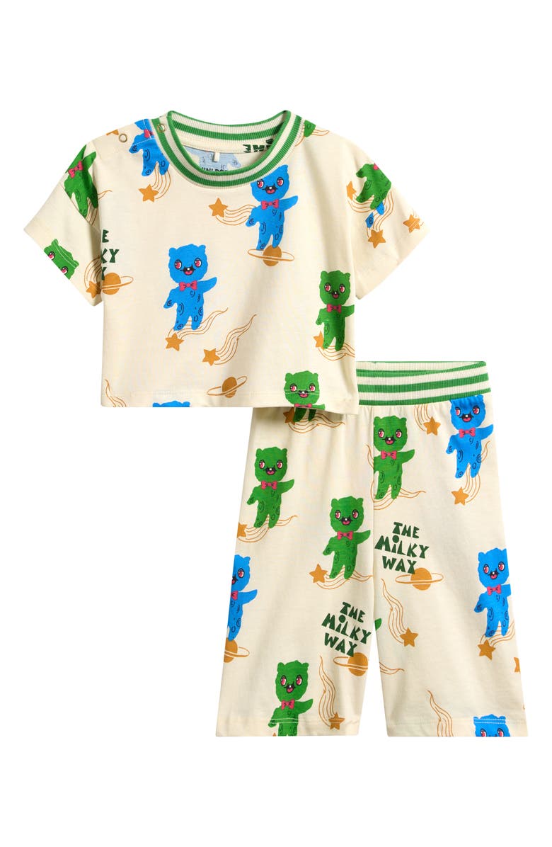 Mini Rodini Aliens Print Organic Cotton T-Shirt & Pants Set, Main, color, Off-White