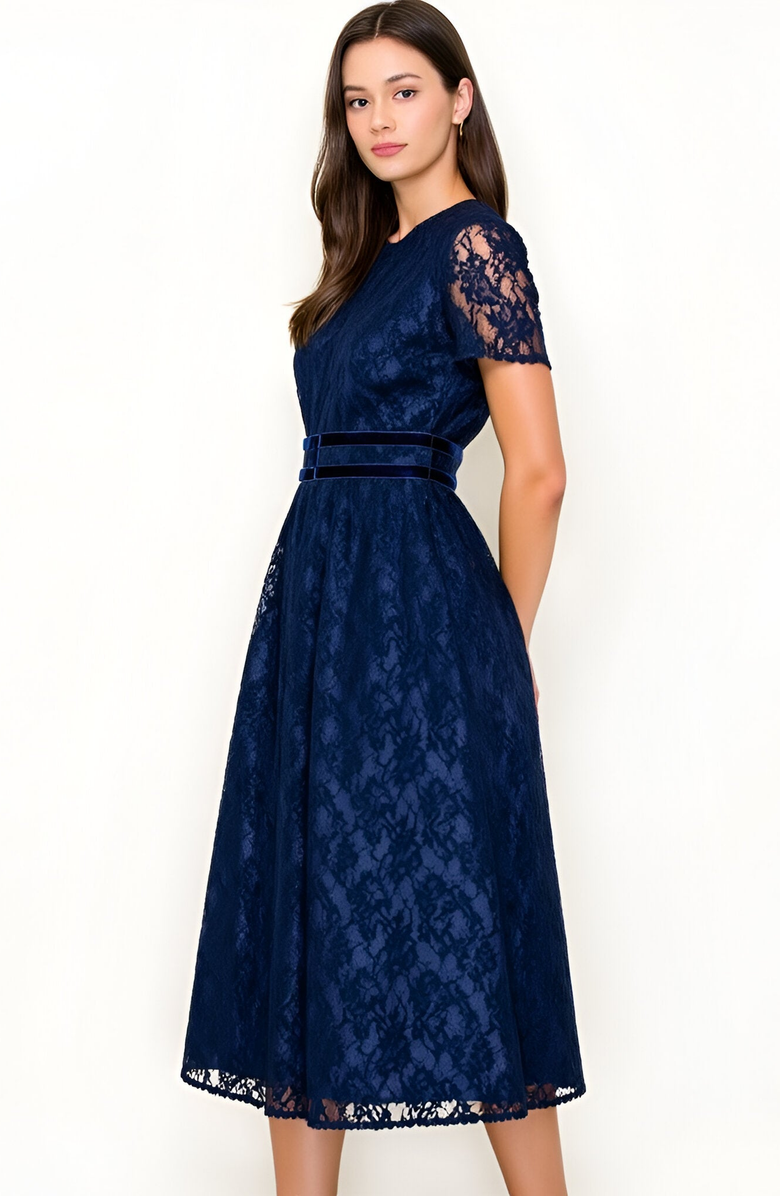 Modenaire Lace Midi Dress with Sheer Short Sleeves and Velvet Waistband Detail, Alternate, color, Navy