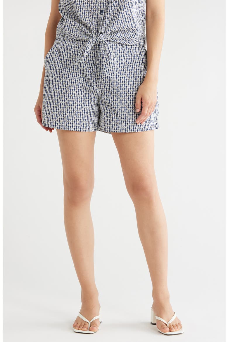 Socialize Gingham Embroidered Eyelet Cotton Shorts, Main, color, NAVY BLUE CHECK EYELET