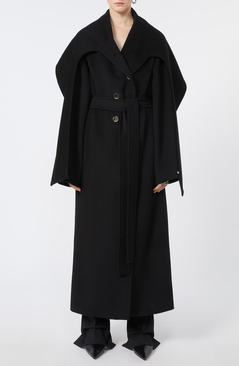 SPORTMAX Baldo Scarf Detail Virgin Wool Belted Coat, Main, color, Black