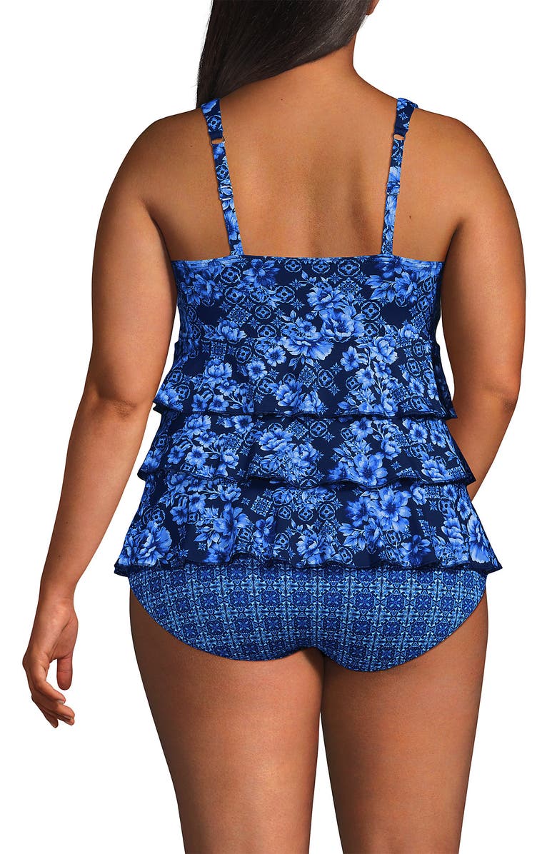 Lands' End Smoothing Control Ruffle Fauxkini One Piece Swimsuit, Alternate, color, Navy Mosaic Floral/Tile Mix