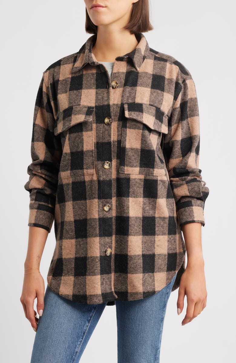 beachlunchlounge Taelyn Buffalo Plaid Oversize Button-Up Shirt, Alternate, color, Tan/ Black
