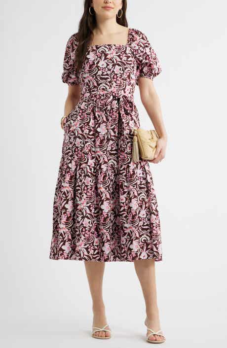 Puff Sleeve Linen Blend Midi Dress