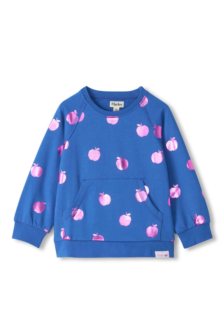 Kids' Foil Apples Raw Edge Pullover, Main, color, BRIGHT COBALT