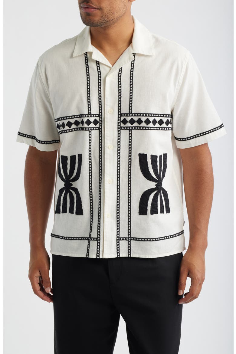 Didcot Embroidered Short Sleeve Cotton & Linen Button-Up Shirt, Main, color, ECRU / WASHED BLACK