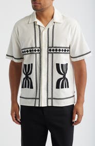 Wax London Didcot Embroidered Short Sleeve Cotton & Linen Button-Up Shirt
