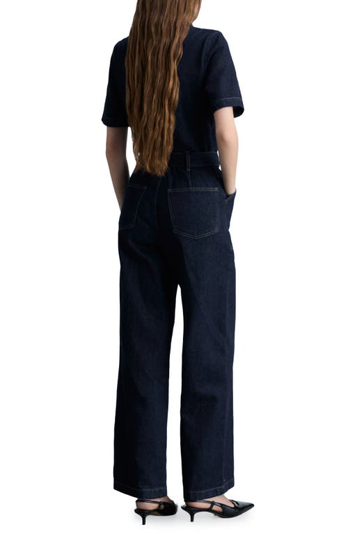 Shop Mango Belted Wide Leg Denim Jumpsuit In Open Blue