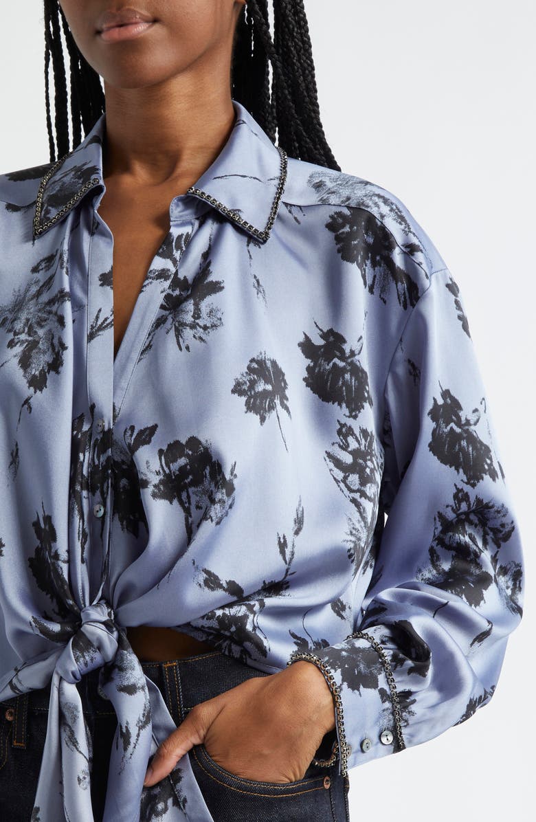 Cinq à Sept Marianna Floral Embellished Tie Front Top, Alternate, color, Rustic Blue Multi