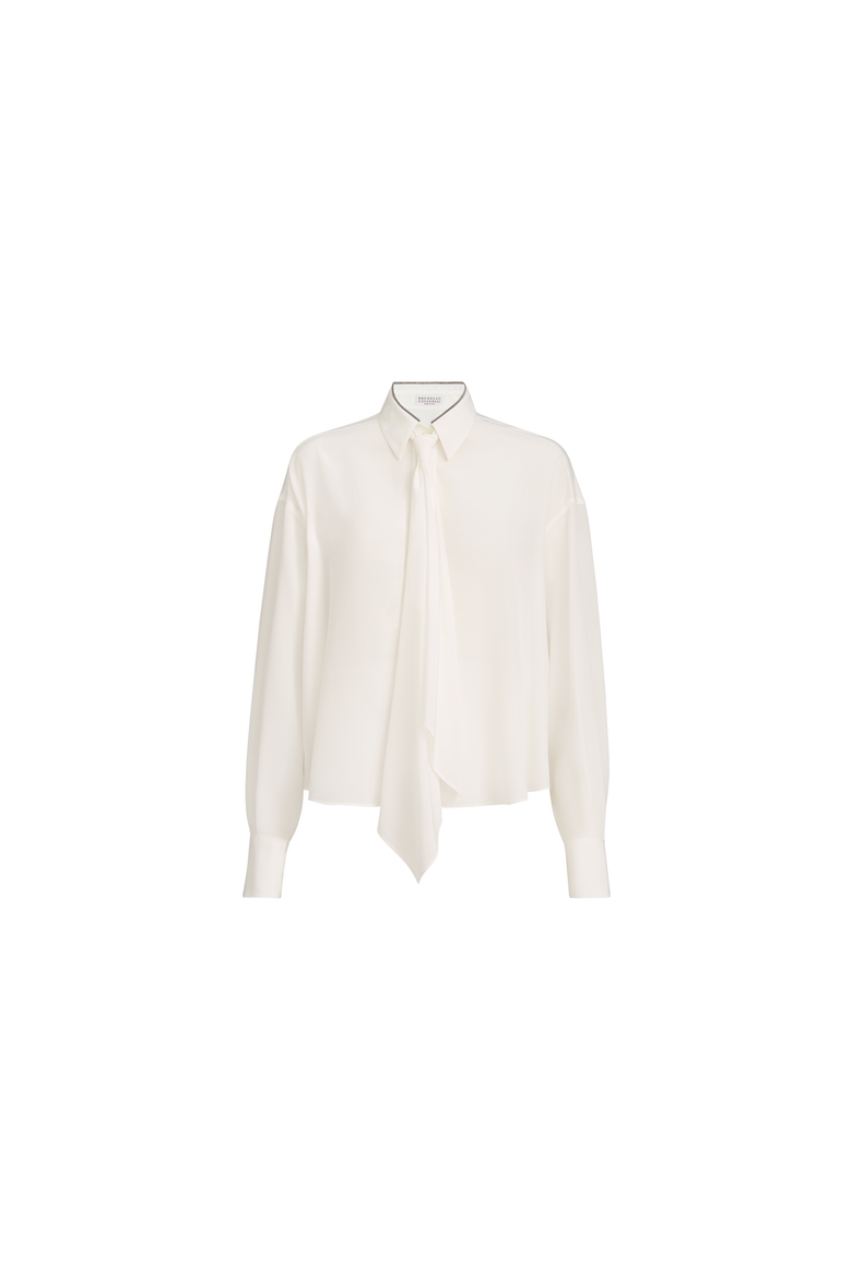 Silk crêpe de Chine shirt with tie and shiny collar, Alternate, color, White
