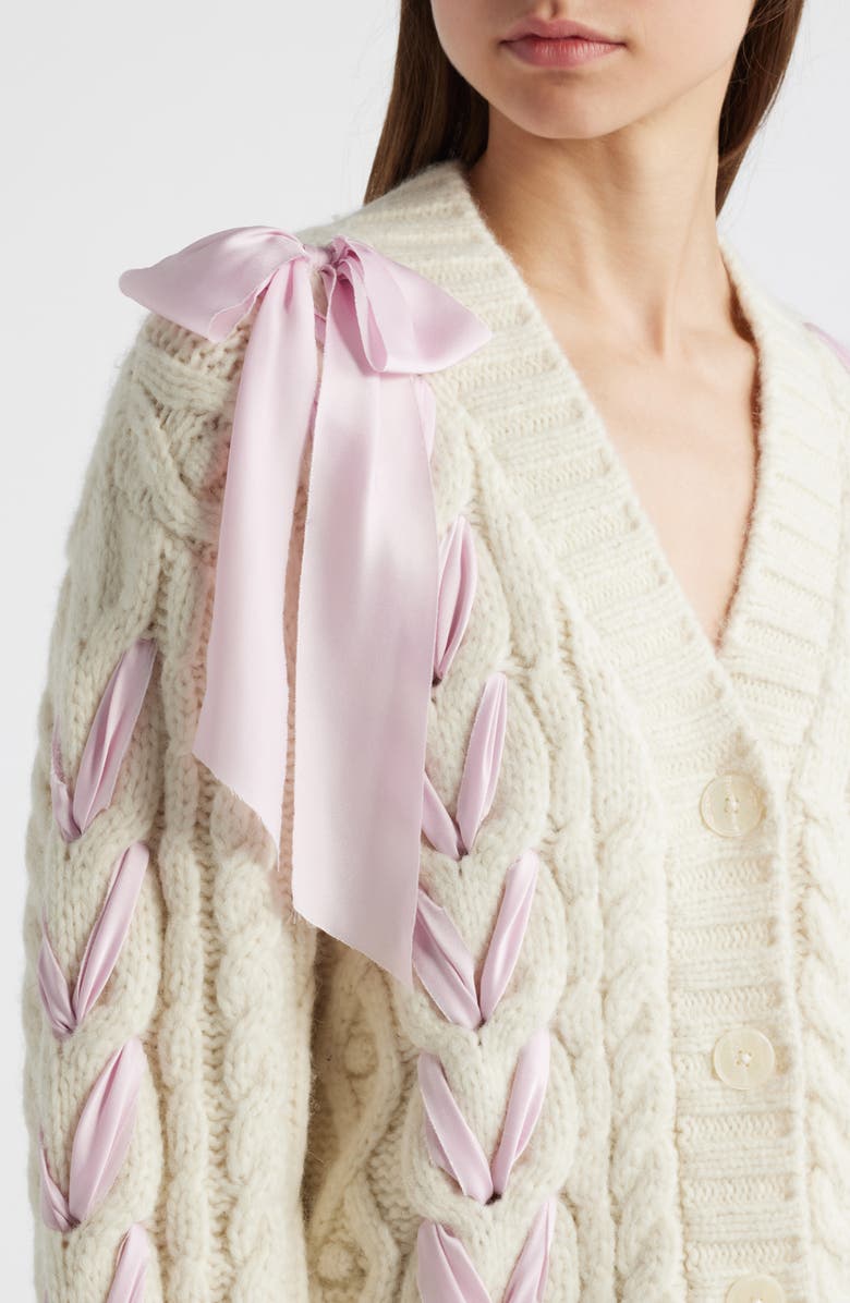 LoveShackFancy Kassius Ribbon Detail Alpaca Blend Cable Cardigan, Alternate, color, 