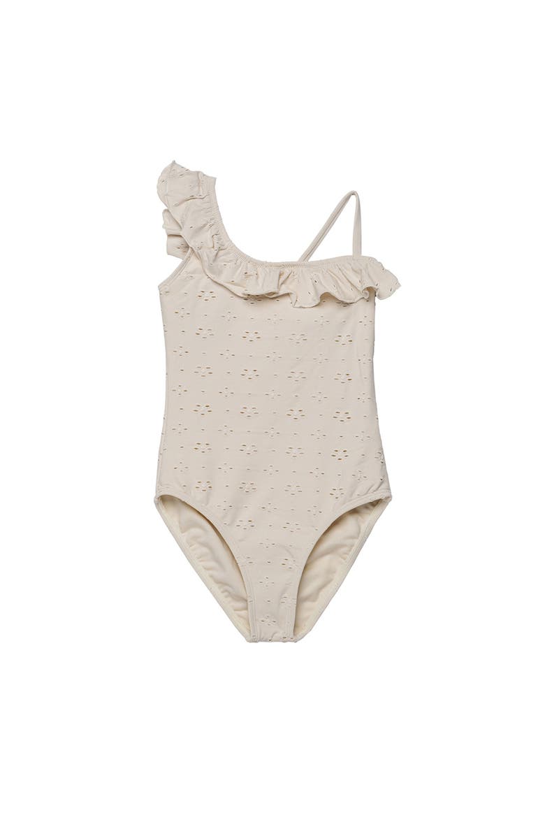 Gottex Kids Little Lace Ruffle Asymmetrical One Piece, Main, color, Ivory