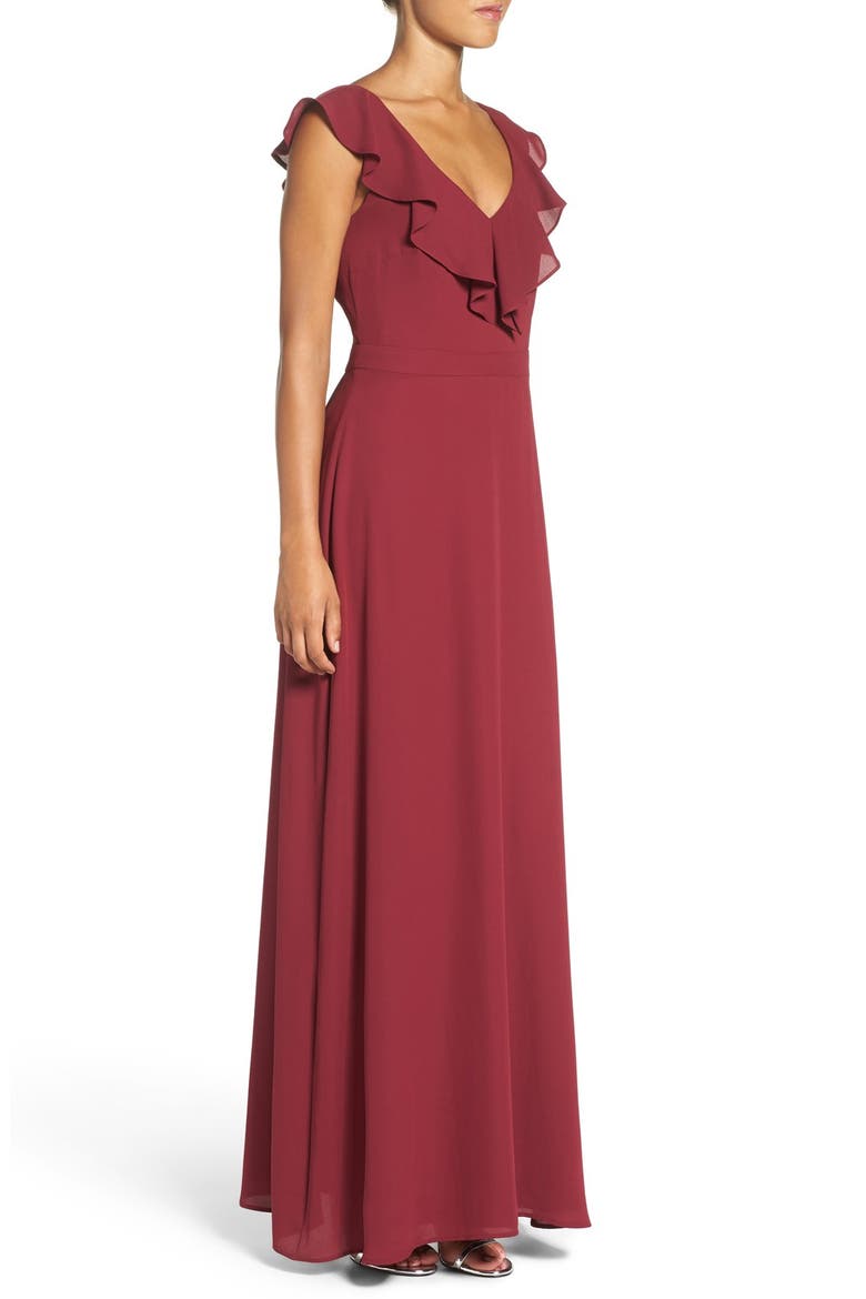 by Lauren Conrad Print Crepe Ruffle V-Neck Gown, Alternate, color, SPICED WINE
