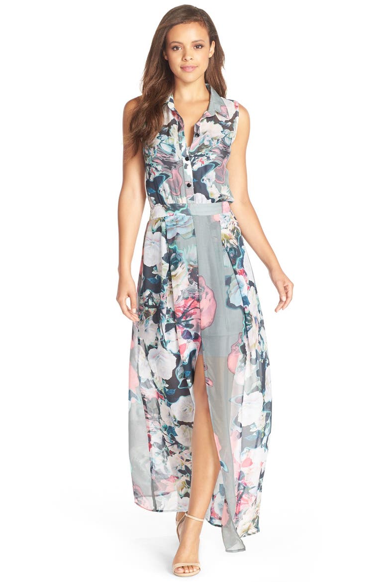 Print Collared Silk Maxi Dress, Main, color, GREY