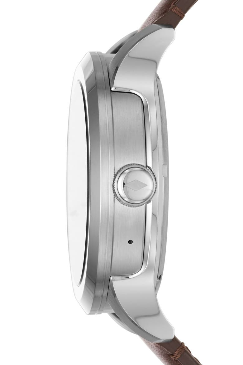 Founder Leather Strap Digital Smart Watch, 46mm, Alternate, color, DARK BROWN/ GREY