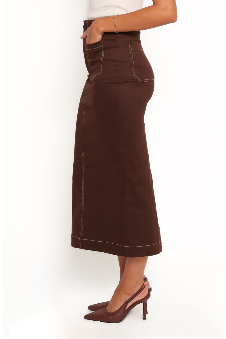 Nikko Topstitch Detail Stretch Cotton Midi Skirt, Alternate, color, CHOCOLATE BROWN