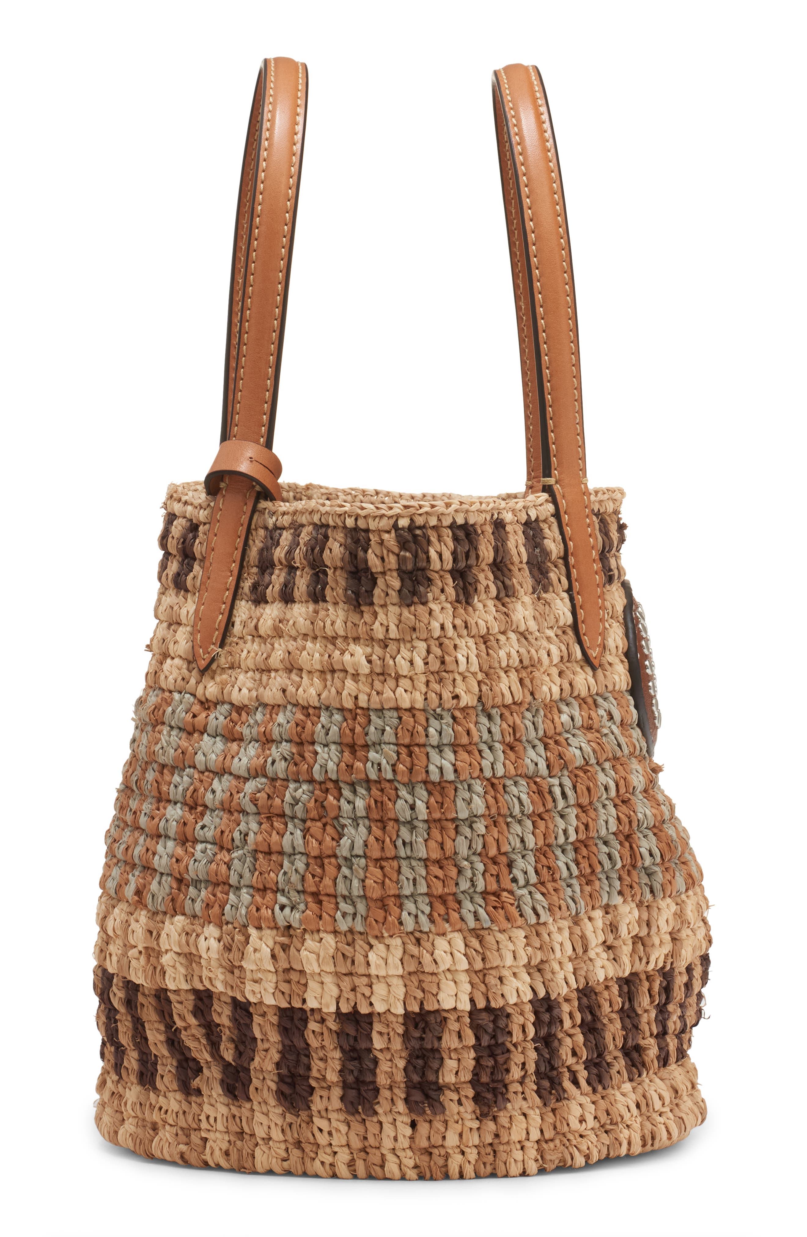 Valentino Garavani Small VLOGO Signature Crocheted Raffia Bucket Bag, Alternate, color, Beige/ Camel/ Selleria