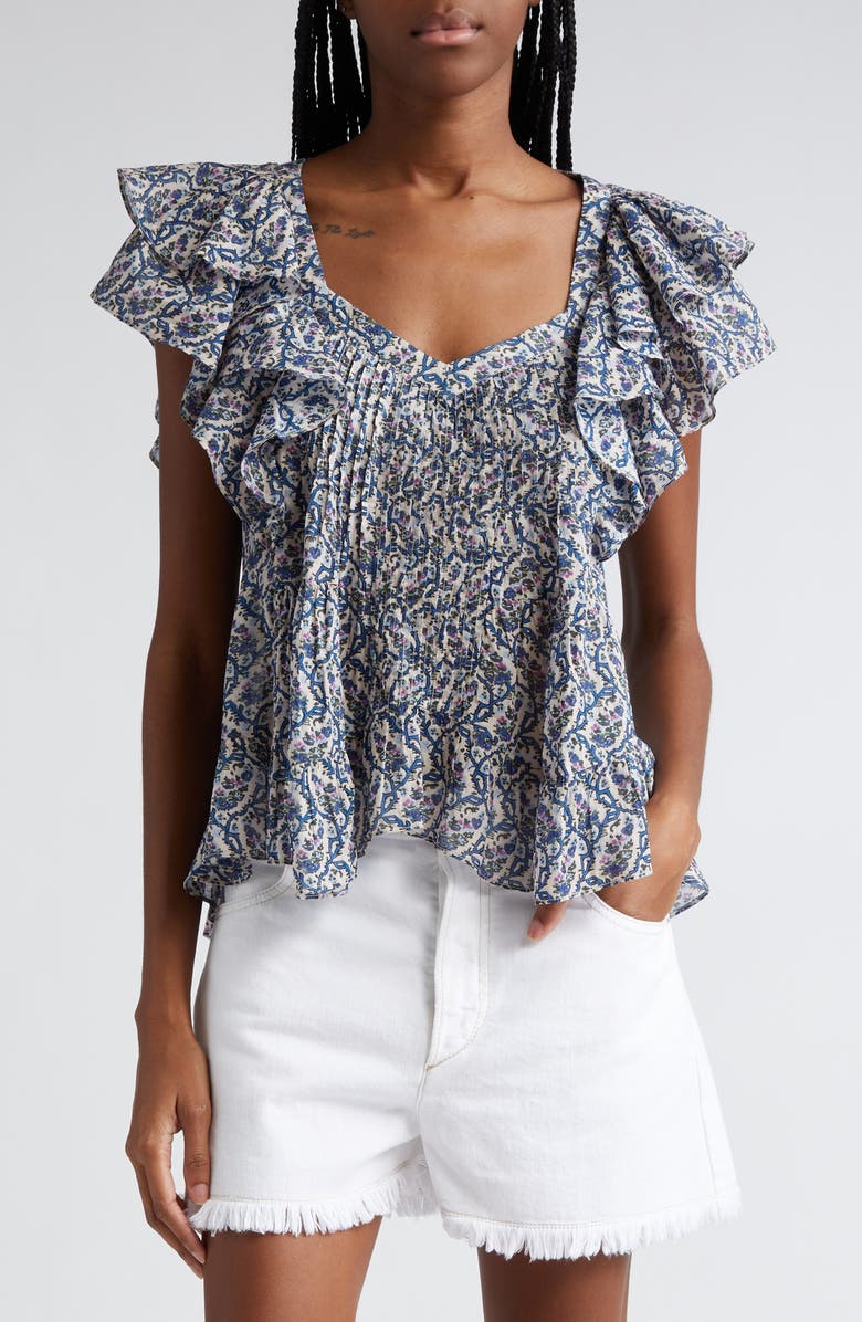 Isabel Marant Étoile Madrana Floral Ruffle Sleeve Cotton Top, Main, color, 