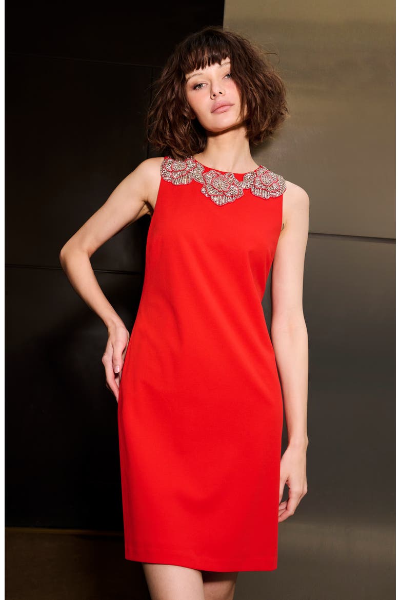 Crystal Floral Cocktail Shift Dress, Alternate, color, TOMATO